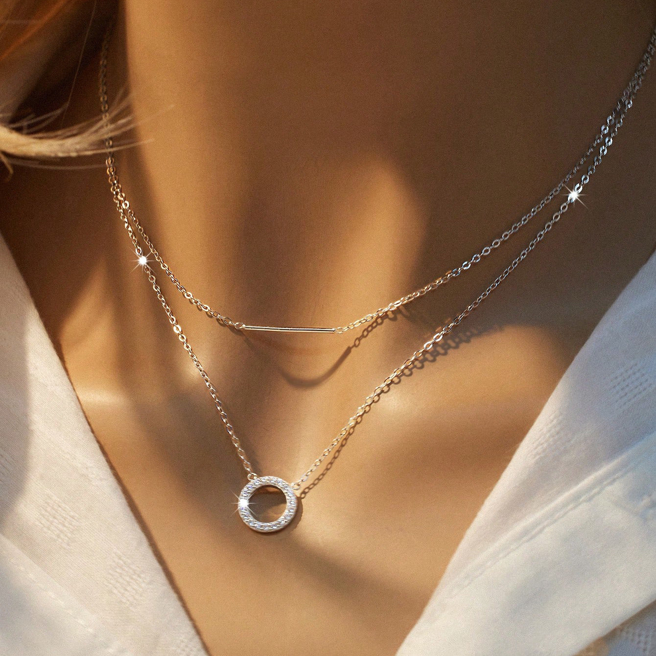  Zirconia Double-layer Necklace With Long Stick