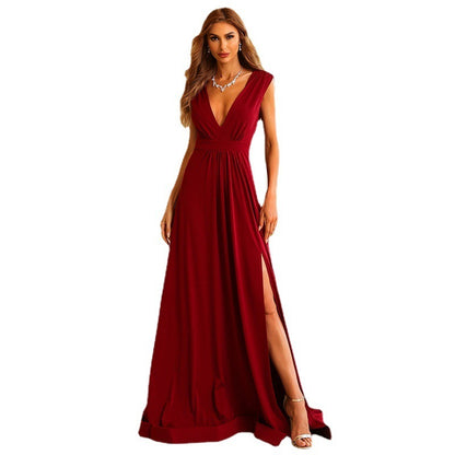 Red Deep V-neck Temperament Long Section Thin Back Toasting Service Banquet Evening Dress Women