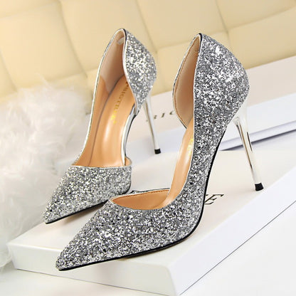 Skinny Women's Shoes Stiletto Heel Shallow Mouth Pointed Side Hollow-out Sequin