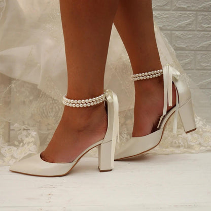 New Spring And Summer Wedding Pointed Women's Chunky Heel Pearl Ribbon Plus Size Shoes