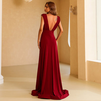 Red Deep V-neck Temperament Long Section Thin Back Toasting Service Banquet Evening Dress Women