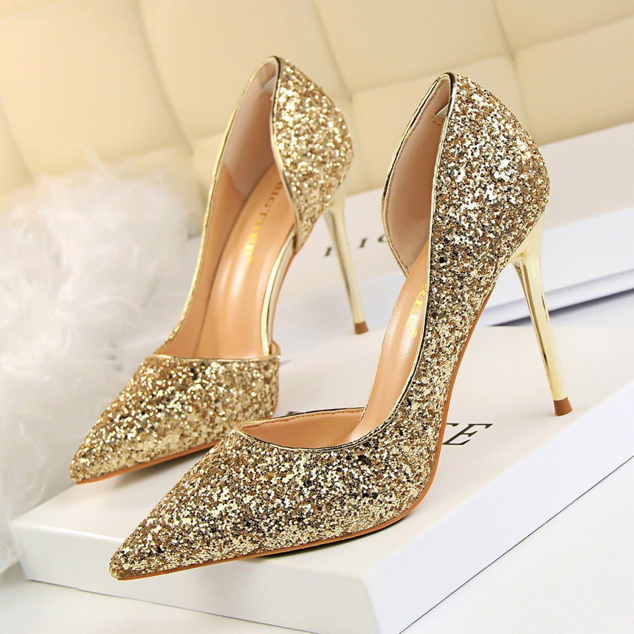 Skinny Women's Shoes Stiletto Heel Shallow Mouth Pointed Side Hollow-out Sequin