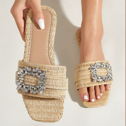 Square Head Straw Rhinestone Flat For Outdoors Vacation Leisure All-matching Slippers Women