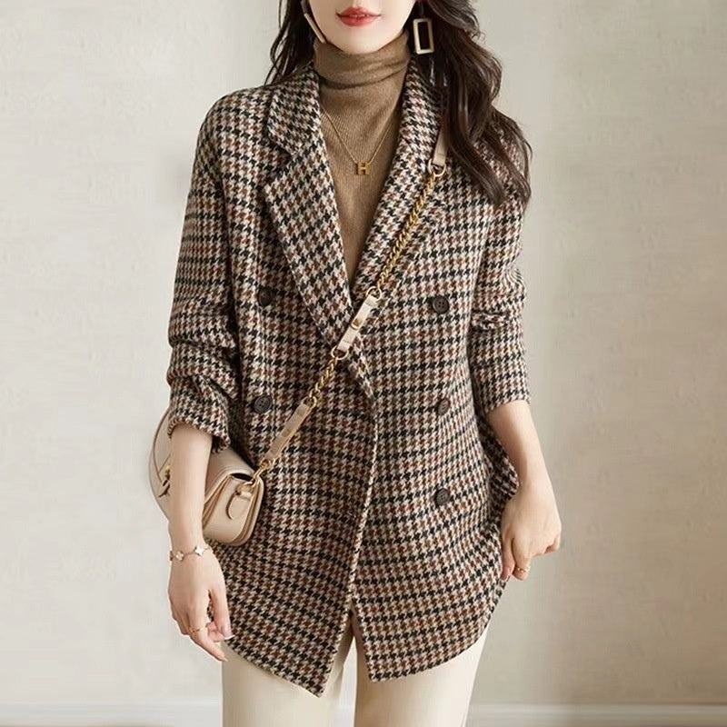 Suit Collar Houndstooth Woolen Coat Woman