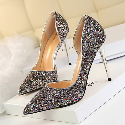 Skinny Women's Shoes Stiletto Heel Shallow Mouth Pointed Side Hollow-out Sequin