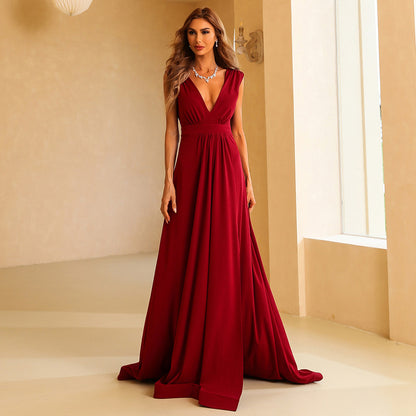 Red Deep V-neck Temperament Long Section Thin Back Toasting Service Banquet Evening Dress Women