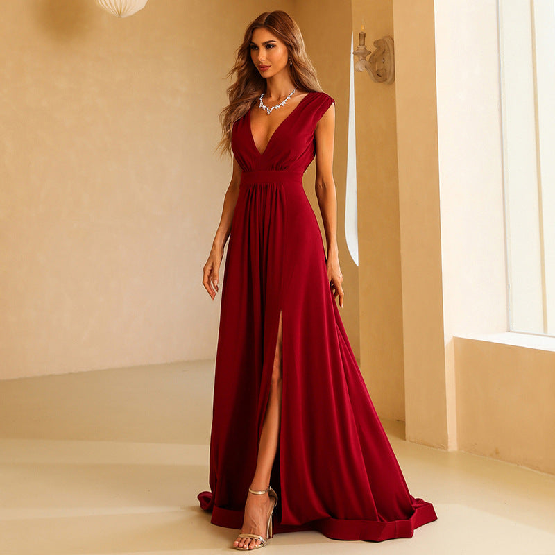 Red Deep V-neck Temperament Long Section Thin Back Toasting Service Banquet Evening Dress Women