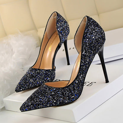 Skinny Women's Shoes Stiletto Heel Shallow Mouth Pointed Side Hollow-out Sequin